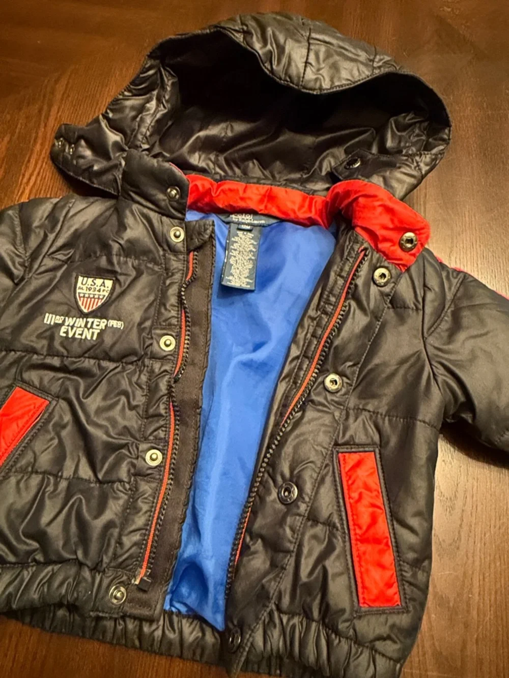 Polo Ralph Lauren Baby Boys Hooded Puffer Coat Big Pony USA 12M Black Red